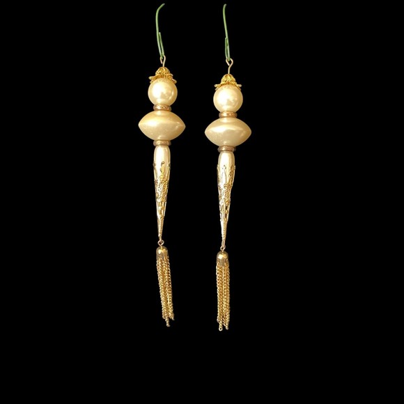 Set of 8 Gold White Pearls, Tassels, Crochet, Angel, Vintage Christmas Ornaments - Picture 7 of 9